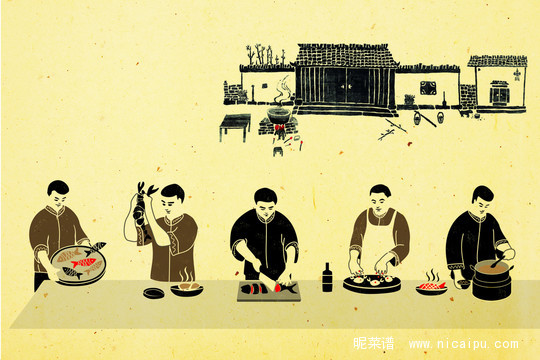 传统中式海鲜餐厅烹饪插画广告